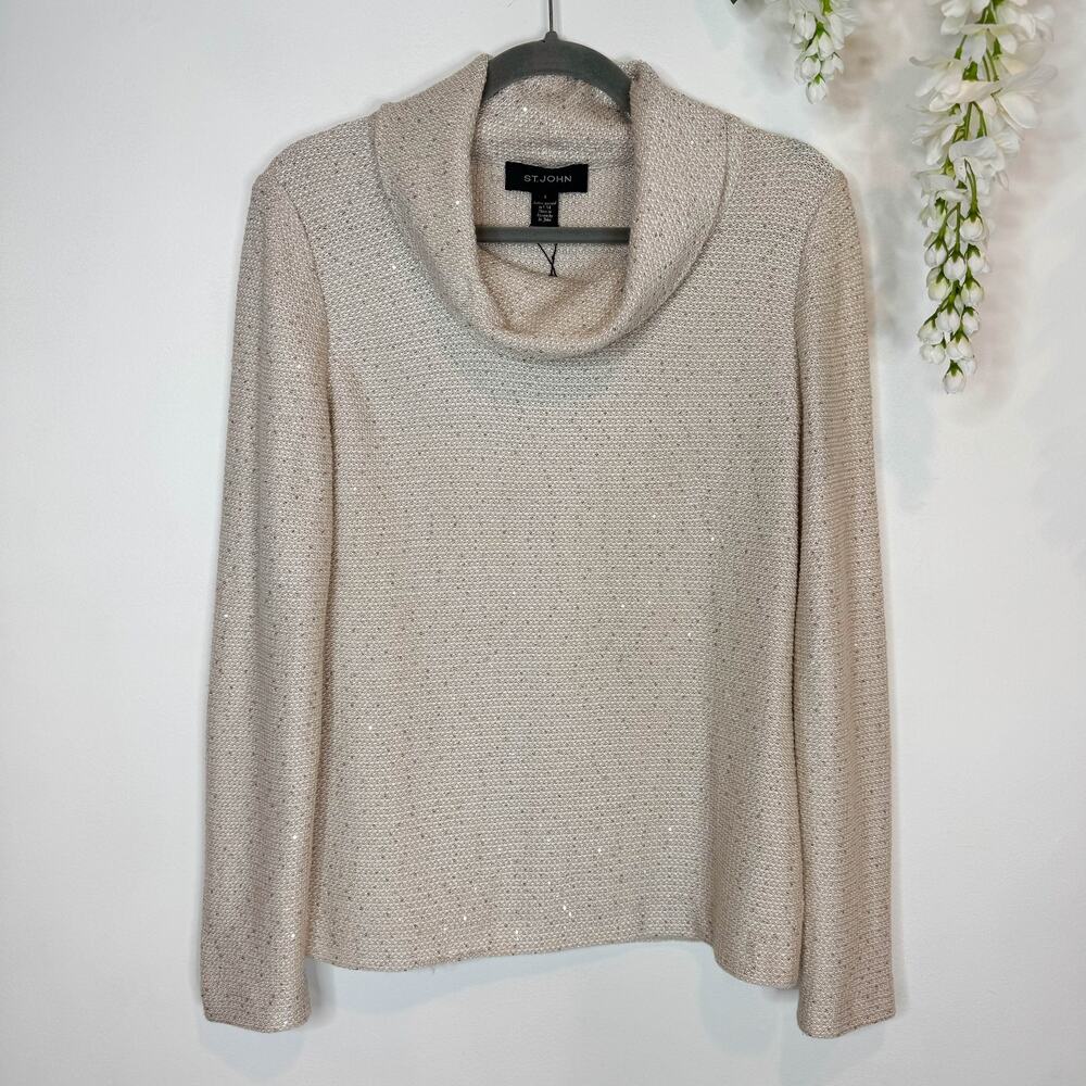NWT ST. JOHN Champagne Metallic Sweater gold micro sequins cowl neck 3187